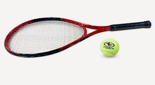 Red and black tennis racket with a tennis ball