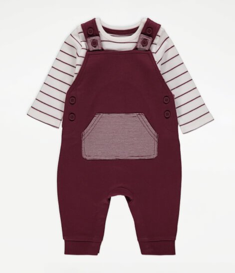 Plum Stripe Bodysuit and Dungarees Outfit.