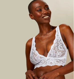 Woman posing in white lace triangle bra.