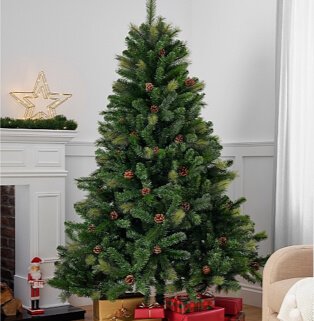 7ft pinecone Christmas tree with presents underneath next to white mantelpiece with gold light-up star.