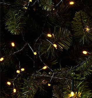 Warm White LED string lights on black cable on Christmas tree branches.