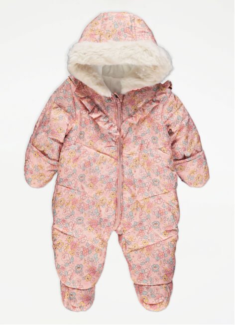 Pink floral print padded snowsuit