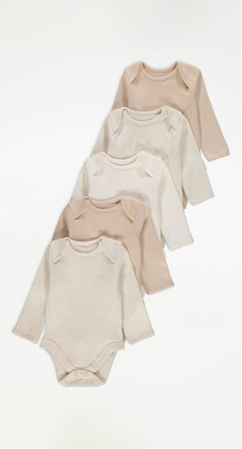 Five neutral long sleeve bodysuits