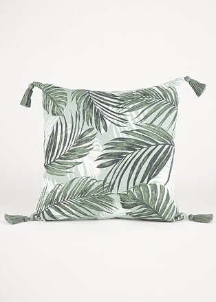Green leaves print cushion with green tassels
