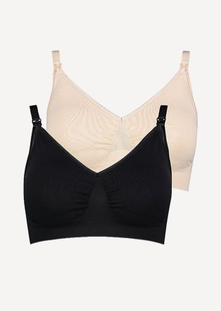 Product shot of two nursing comfort bras in black and nude