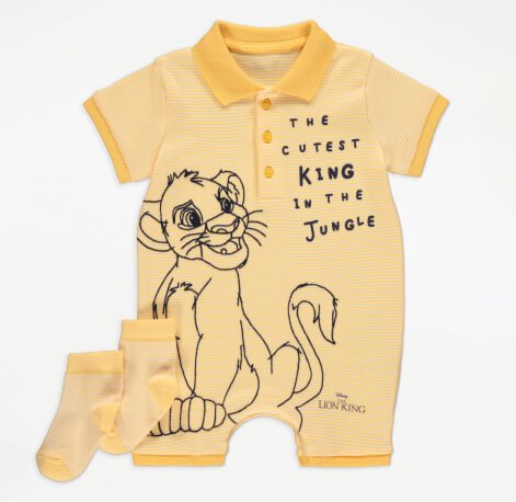Disney The Lion King Simba Yellow Stripe Polo Romper and Socks Outfit.