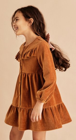 Girl wearing brown frilled dress.