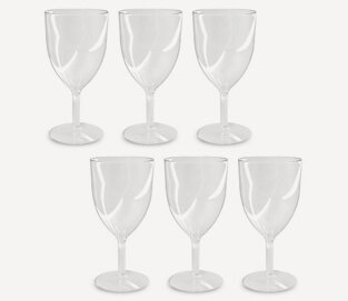 Product shot of disposable plastic wine glasses