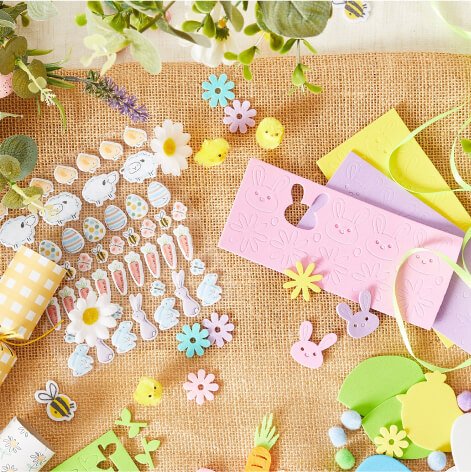 An Easter craft kit with stickers, ribbon and felt cut outs