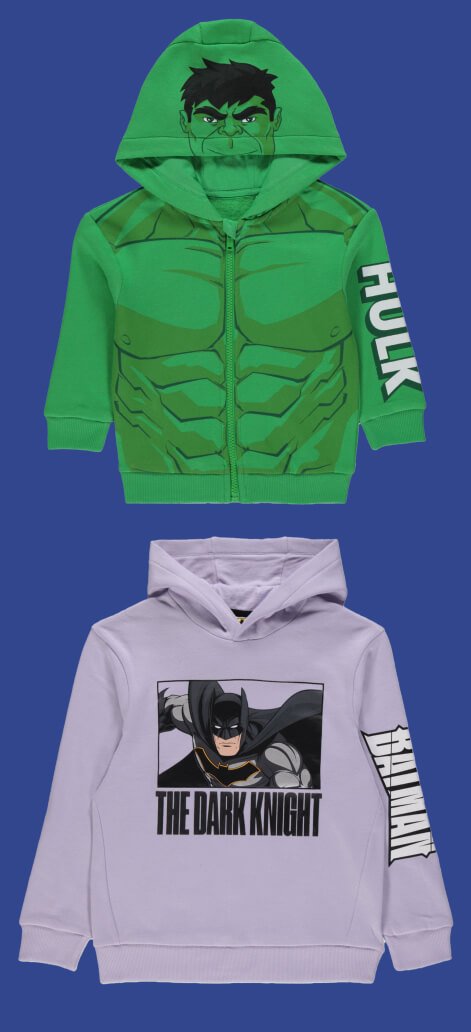 A Hulk green hoodie. A Batman grey hoodie.