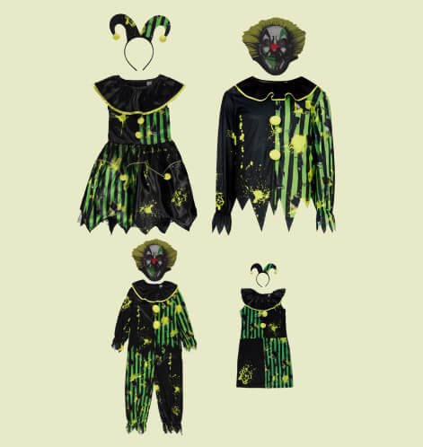 A green and black jokers costume for different members of the family, womens, mens, kids and baby.