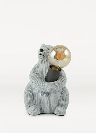 Grey knitted bear table lamp.