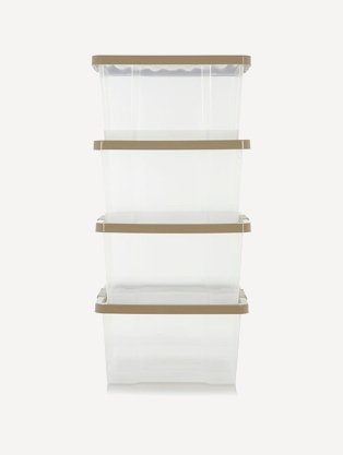 Clear plastic storage tubs stacked on top of each other