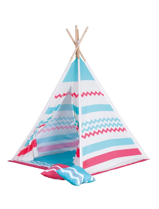 Blue and pink striped teepee tent.