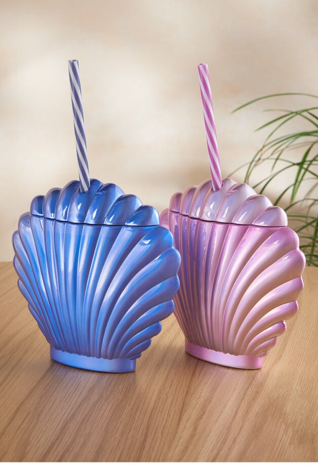 Set of two Iridescent Shell Shape Straw Tumblers.