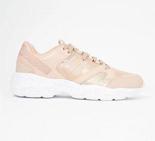 Pale peach trainers with white sole.