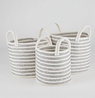 Grey and white striped storage baskets