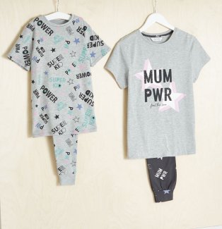 Grey girls' super kid slogan pyjama set, grey women's mum power slogan pyjama set.