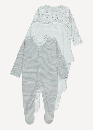 Product shot of three grey patterened sleepsuits, including one striped and one moon & stars