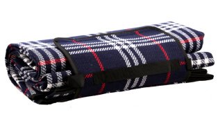 Navy, white and red checked pattern crinkle picnic rug.