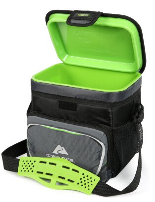 Black cooler bag with green interior.