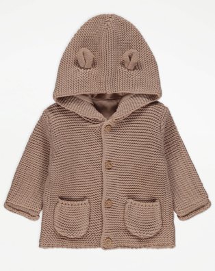 Baby brown knitted cardigan with hood.
