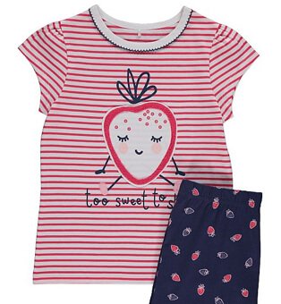 Pink and white striped t-shirt with a strawberry on with matching navy leggings