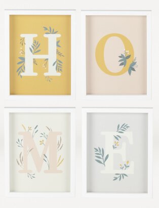 White framed prints with 'home' lettering.