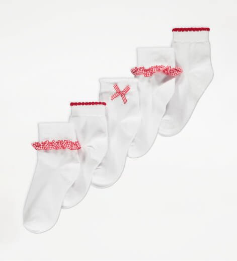 Five white girls socks featuring red trims, gingham frills and bows.