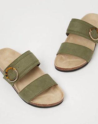 Khaki tortoise shell buckle detail slip on sandals.