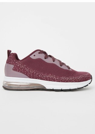Burgundy trainers with white sole.