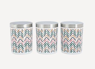 Three multi coloured tins with silver lids