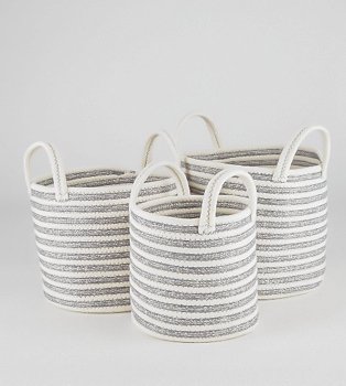 Three wicket baskets in white and grey stripe