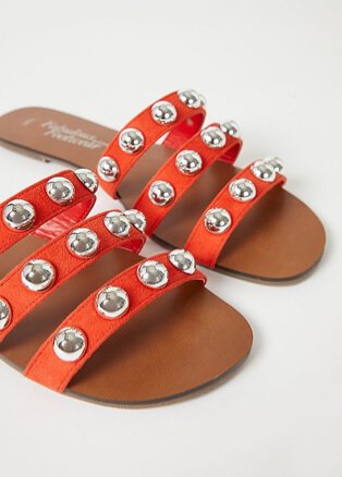 Orange studded strappy pool sliders