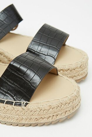 Black mock croc strappy flatform jute sandals