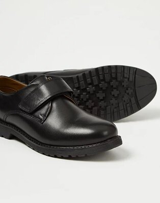Close up shot of boys black school shoes