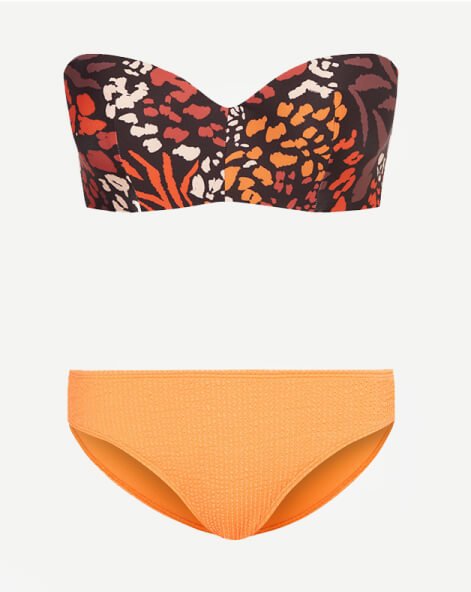 Multicoloured bikini top and orange bikini bottom.