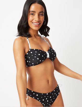 Woman wearing a matching black and white polka dot bikini set