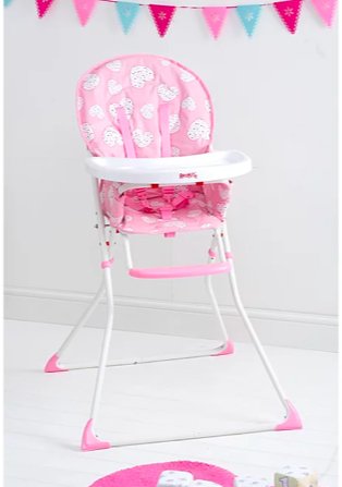 Pink heart print high chair with pink and blue bunting in the background.