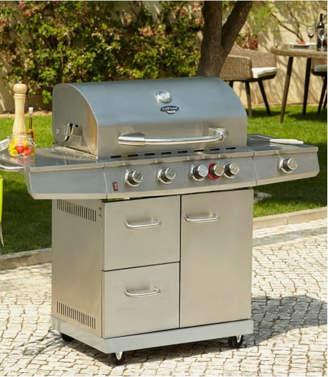 A six-burner gas silver-tone grill BBQ.