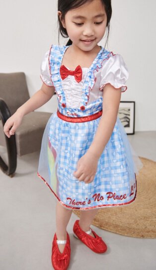 Child wearing delightful Dorothy outfit.
