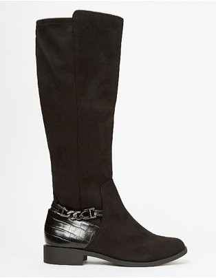 Black Suede Effect Stretch Panel Knee Boots.