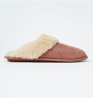 Plum Suede Effect Faux Fur Trim Mule Slippers.