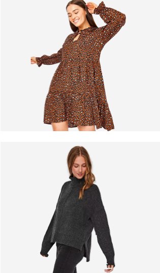 Woman poses smiling with hand in the air wearing brown animal print tiered dress. Woman poses looking down wearing NOISY MAY dark grey knit roll neck jumper and black jeans.