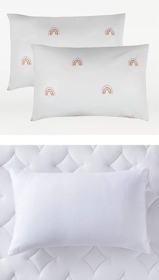 White rainbow patterned pillowcase pair. White pillow on white diamond mattress topper.