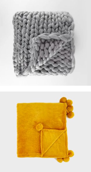 Grey chunky hand knitted throw. Yellow pom pom trim super soft throw.