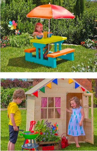 Garden features girl sat at kids garden table and bench set. Front garden with large house in the background features boy and girl playing outside TP forest the hideaway house surrounded by brightly coloured plants.