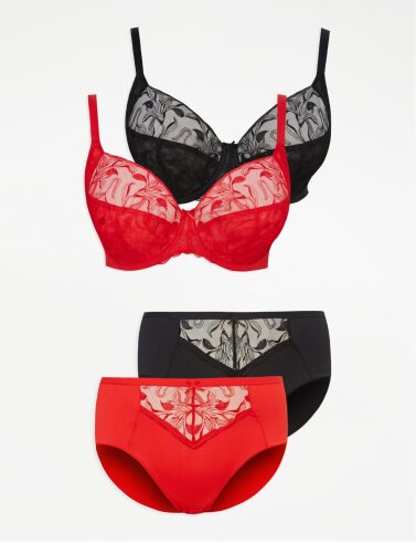 Two non-wired t-shirt bra and high leg knicker sets in black and red