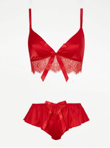 A red satin bralette and knickers set
