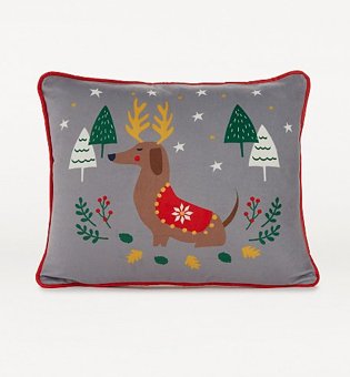 Multi Christmas Sausage Dog Print Cushion.